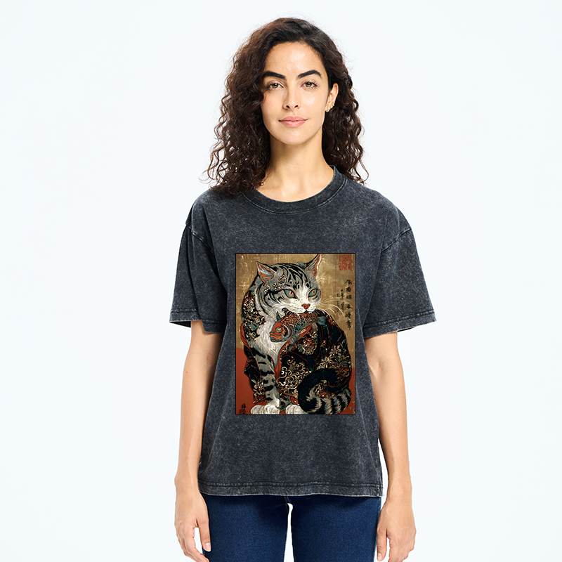 Tokyo-Tiger Gorgeous Cat Eats Fish Washed T-Shirt