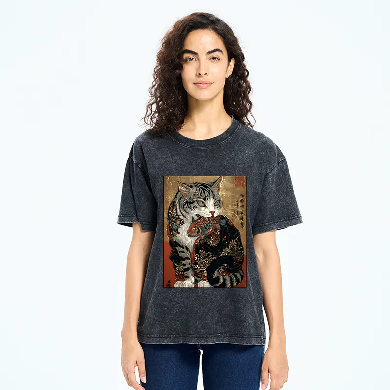 Tokyo-Tiger Gorgeous Cat Eats Fish Washed T-Shirt