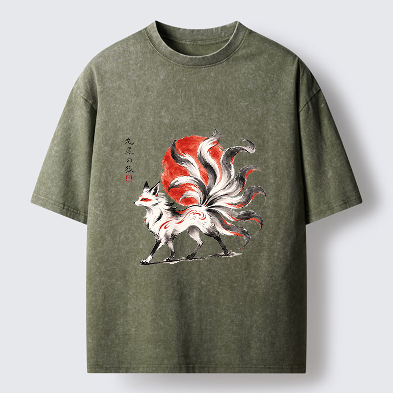 Tokyo-Tiger Nine-Tailed Fox Ink Art Washed T-Shirt