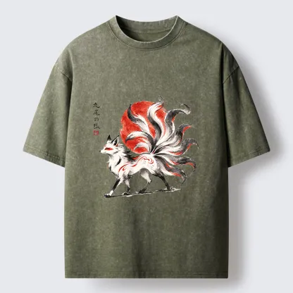 Tokyo-Tiger Nine-Tailed Fox Ink Art Washed T-Shirt