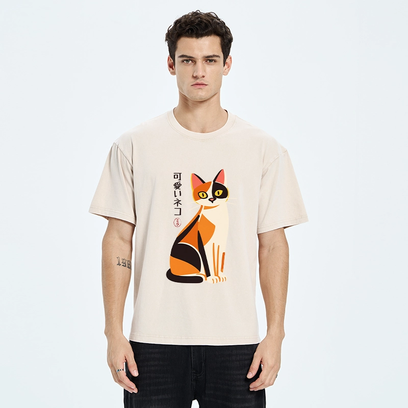 Tokyo-Tiger Cute Calico Cat Japanese Minimal Art Washed T-Shirt
