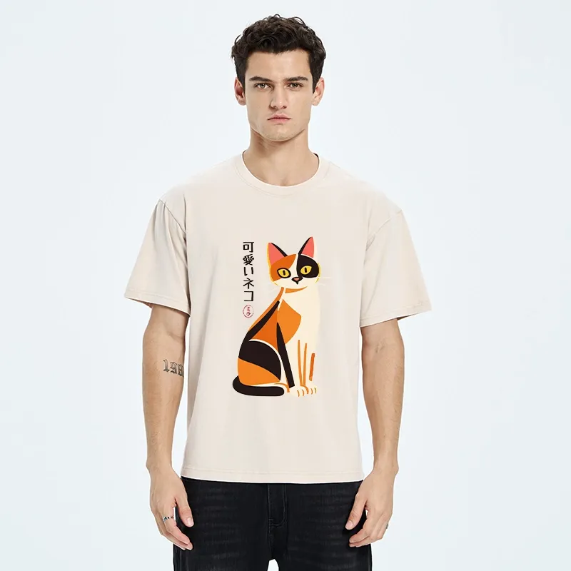 Tokyo-Tiger Cute Calico Cat Japanese Minimal Art Washed T-Shirt