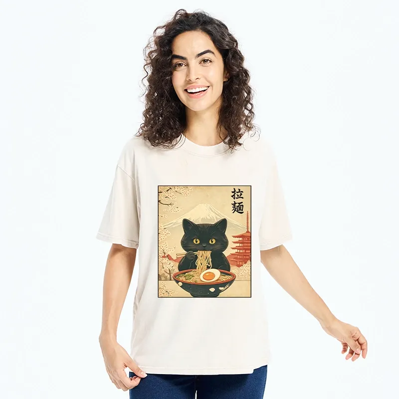 Tokyo‑Tiger Black Cute Cat Ramen Feast Washed T‑Shirt