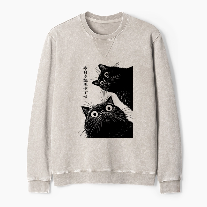 Tokyo-Tiger The Cat Is Watching Today Washed Terry Sweatshirt
