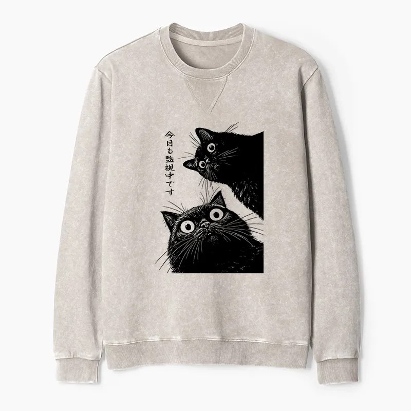 Tokyo-Tiger The Cat Is Watching Today Washed Terry Sweatshirt
