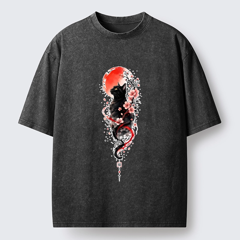 Tokyo‑Tiger Sakura Black Cat Art Washed T‑Shirt