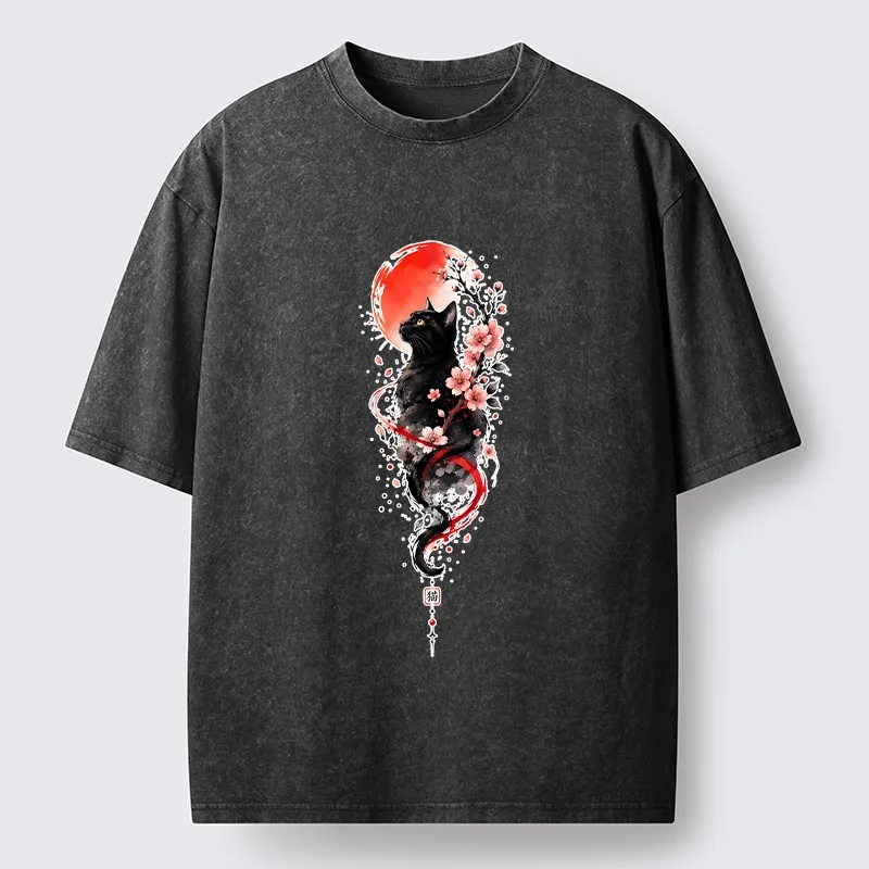 Tokyo‑Tiger Sakura Black Cat Art Washed T‑Shirt