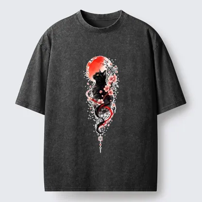 Tokyo‑Tiger Sakura Black Cat Art Washed T‑Shirt