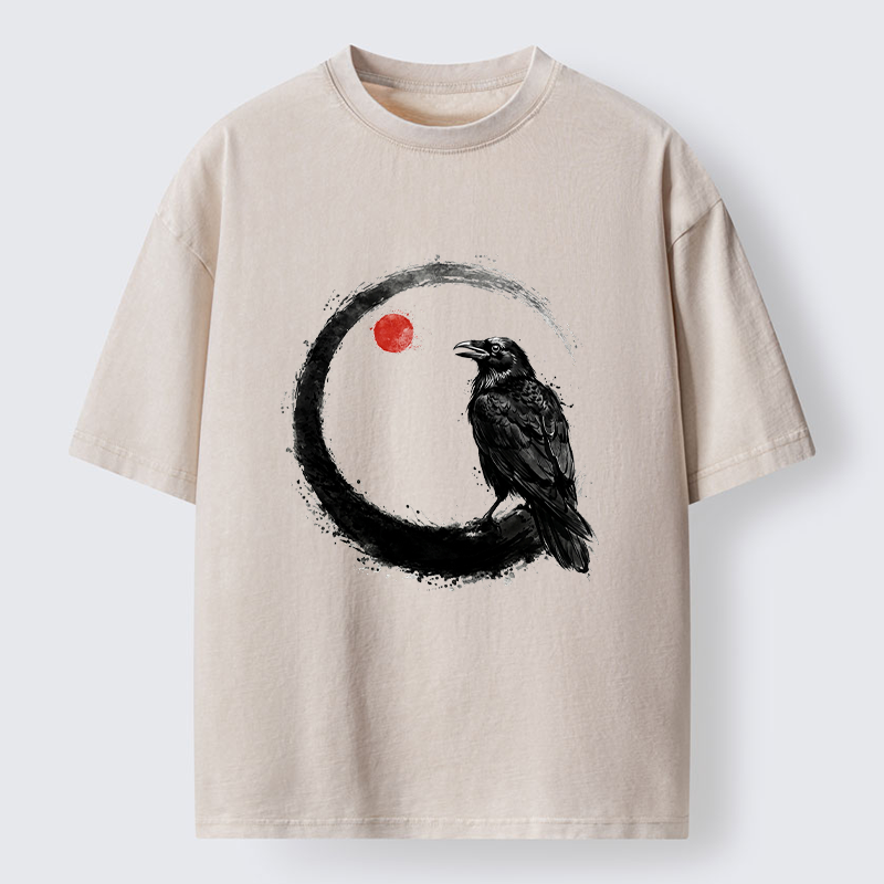 Tokyo-Tiger Japanese Circle Crow Scene Washed T-Shirt