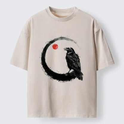 Tokyo-Tiger Japanese Circle Crow Scene Washed T-Shirt