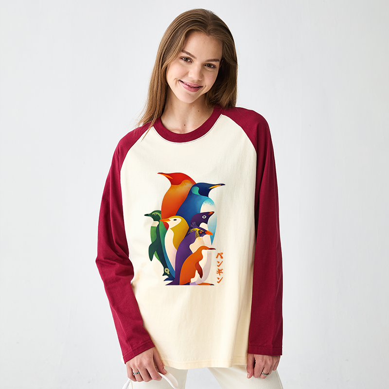 Tokyo-Tiger Cute Multi Tone Penguins Raglan Long Sleeve T-shirt