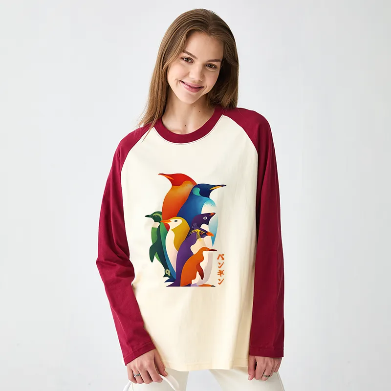 Tokyo-Tiger Cute Multi Tone Penguins Raglan Long Sleeve T-shirt