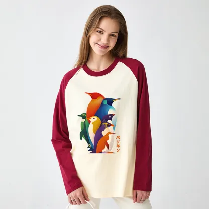 Tokyo-Tiger Cute Multi Tone Penguins Raglan Long Sleeve T-shirt