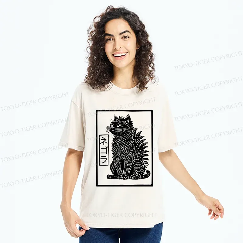 Tokyo-Tiger Fierce Catzilla Funny Washed T-Shirt