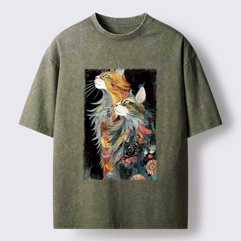 Tokyo‑Tiger Bohemian Cat Pair Washed T‑shirt