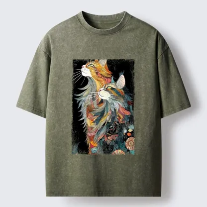 Tokyo‑Tiger Bohemian Cat Pair Washed T‑shirt