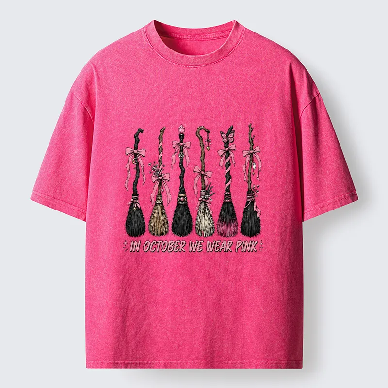 Tokyo-Tiger Witch Broom Breast Cancer Awareness Washed T-Shirt