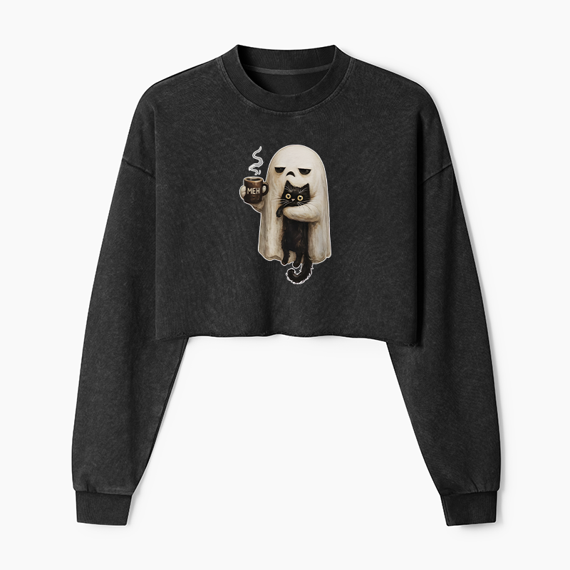 Tokyo-Tiger Ghost Cat Coffee Mood Washed Crop Sweatshirt