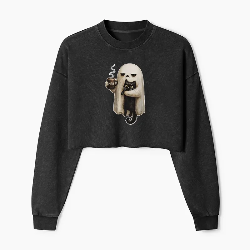 Tokyo-Tiger Ghost Cat Coffee Mood Washed Crop Sweatshirt