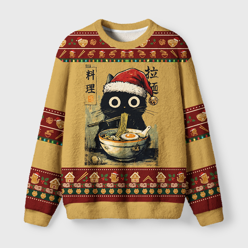 Tokyo-Tiger Cute Black Cat Eating Ramen Japan Fuzzy Christmas Ugly Sweatshirt