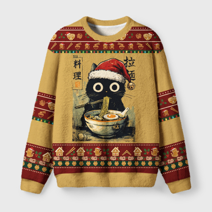 Tokyo-Tiger Cute Black Cat Eating Ramen Japan Fuzzy Christmas Ugly Sweatshirt