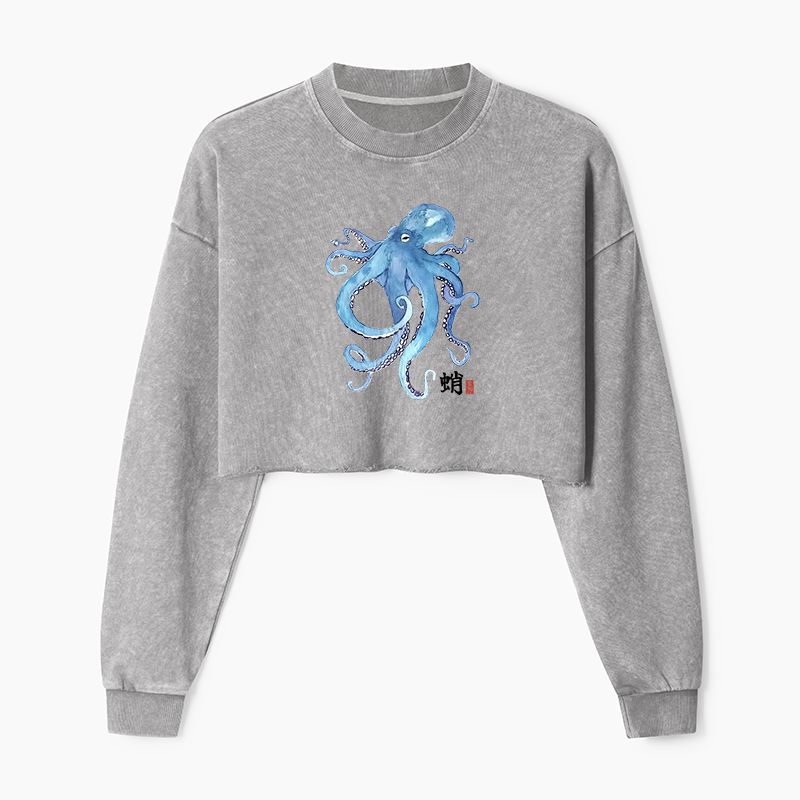 Tokyo-Tiger Watercolor Blue Octopus Washed Crop Sweatshirt