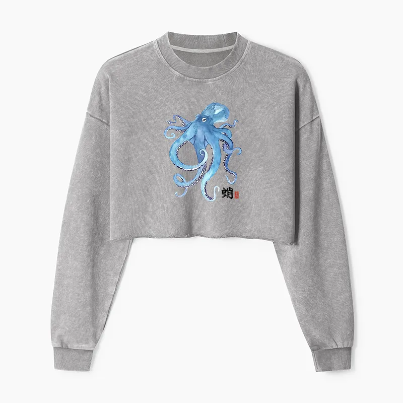 Tokyo-Tiger Watercolor Blue Octopus Washed Crop Sweatshirt