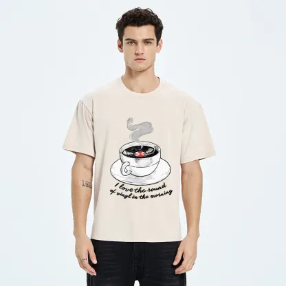 Tokyo-Tiger Coffee Cup Holds Spinning Vinyl Record Washed T-Shirt