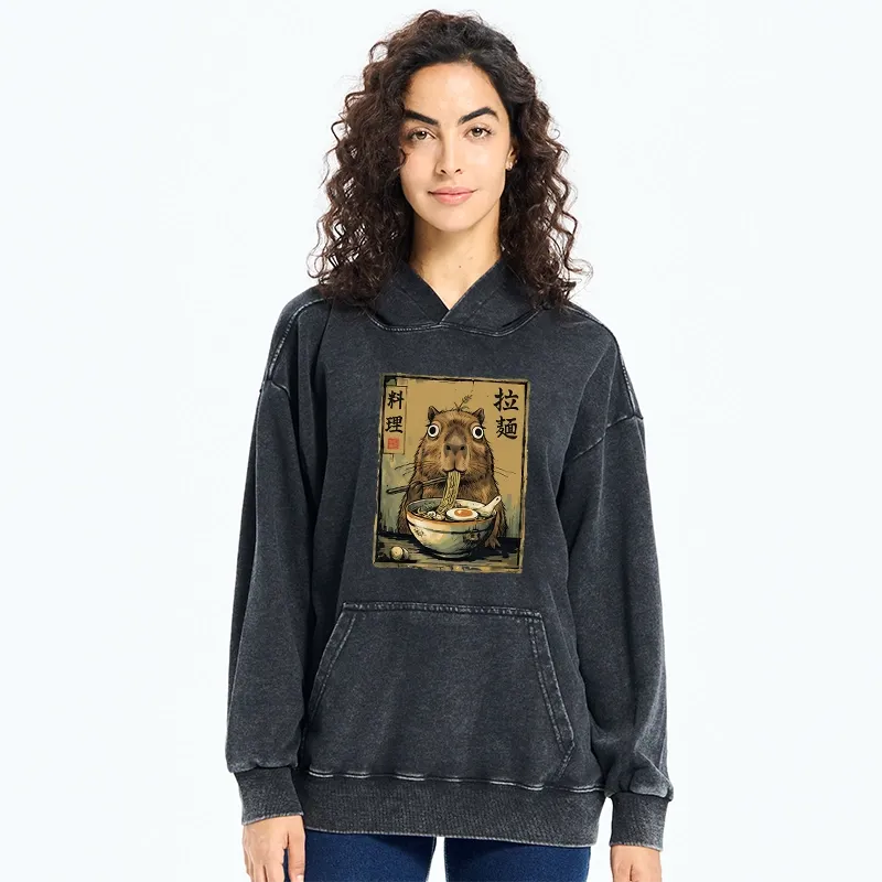 Tokyo-Tiger Cute Capybara Eating Ramen Washed Hoodie