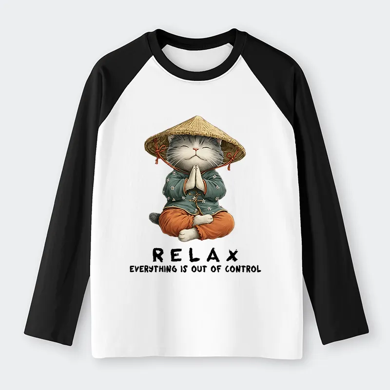 Tokyo-Tiger Zen Relax Cat Graphic Raglan Long Sleeve T-shirt