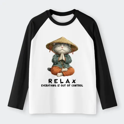 Tokyo-Tiger Zen Relax Cat Graphic Raglan Long Sleeve T-shirt