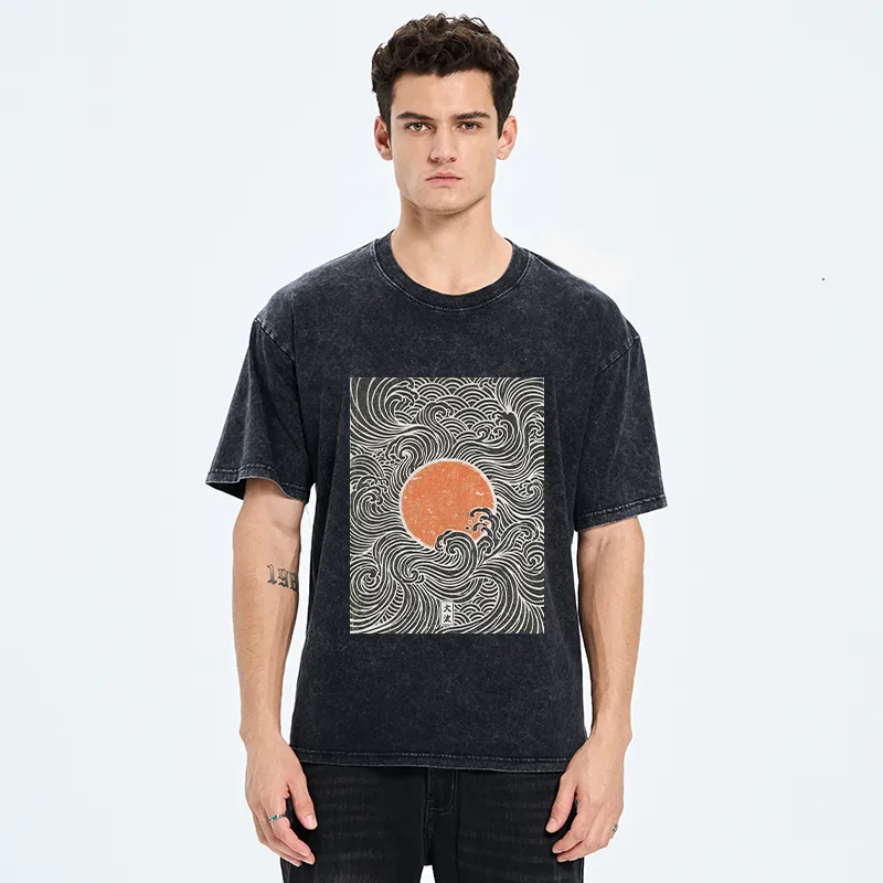 Tokyo-Tiger Ukiyo-e Sun And Waves Washed T-Shirt