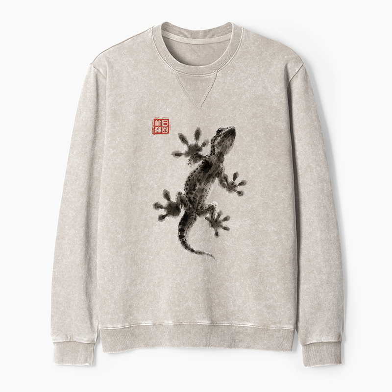 Tokyo-Tiger Minimal Asian Ink Brush Gecko Vibe Washed Terry Sweatshirt