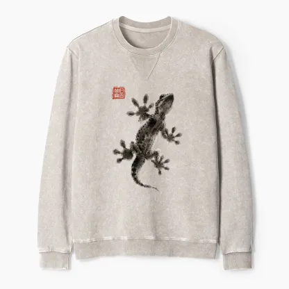 Tokyo-Tiger Minimal Asian Ink Brush Gecko Vibe Washed Terry Sweatshirt