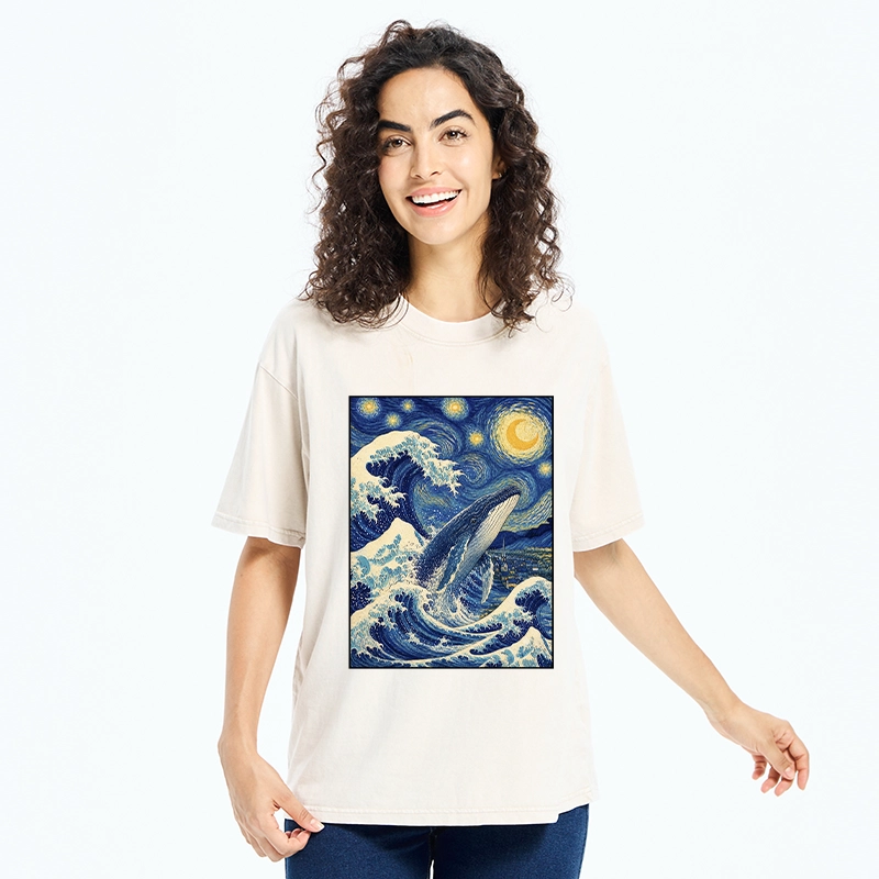 Tokyo-Tiger Starry Wave Whale Classic Art Mix Washed T-Shirt