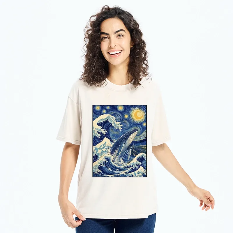 Tokyo-Tiger Starry Wave Whale Classic Art Mix Washed T-Shirt