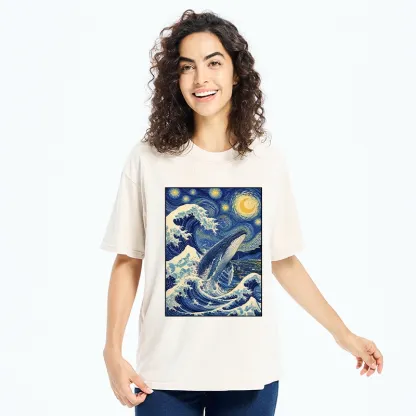Tokyo-Tiger Starry Wave Whale Classic Art Mix Washed T-Shirt