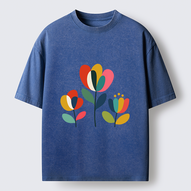 Tokyo-Tiger Modern Color Floral Art Washed T-Shirt