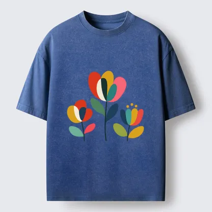 Tokyo-Tiger Modern Color Floral Art Washed T-Shirt