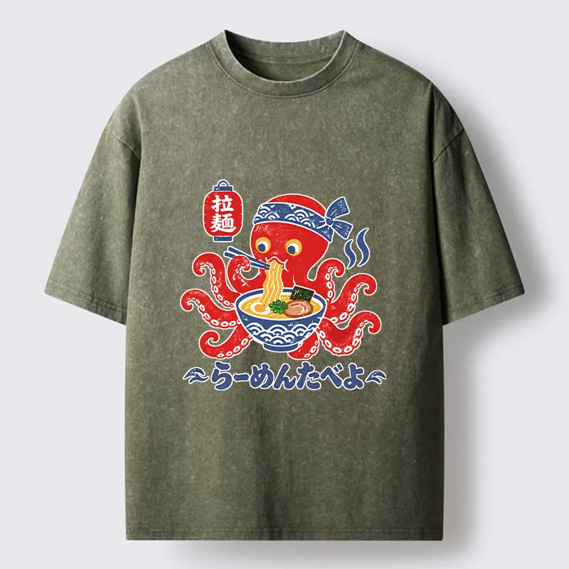 Tokyo-Tiger Vintage Octopus Eating Ramen Washed T-Shirt