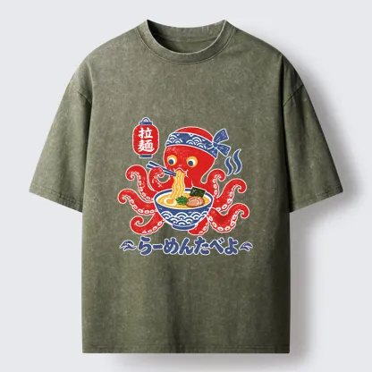 Tokyo-Tiger Vintage Octopus Eating Ramen Washed T-Shirt