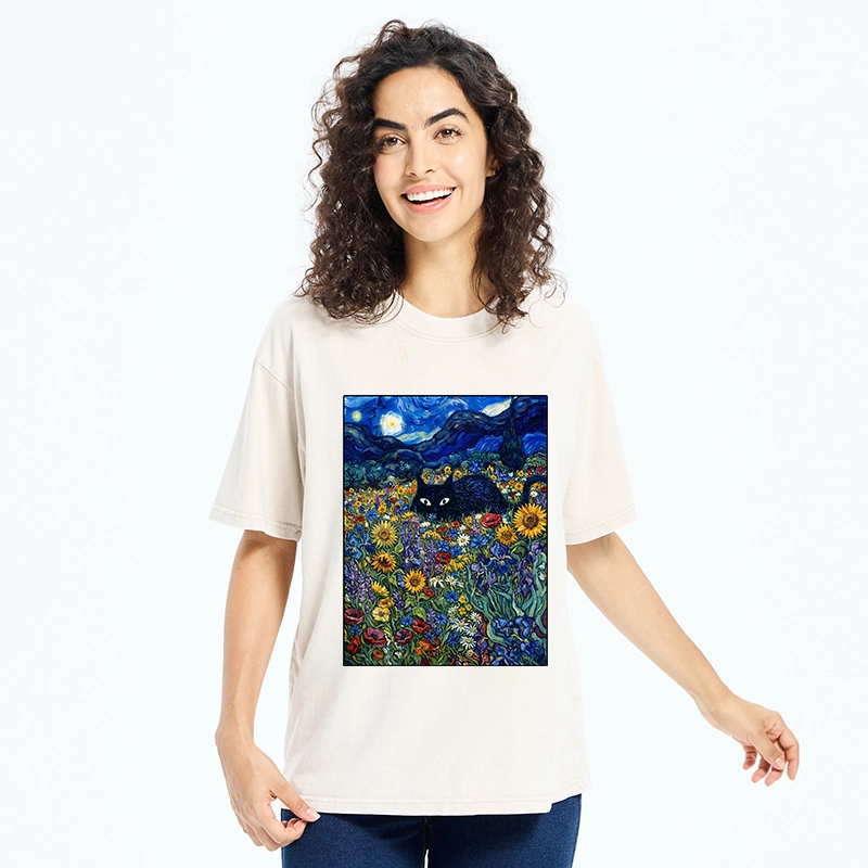 Tokyo‑Tiger Starry Night Cat Washed T‑Shirt