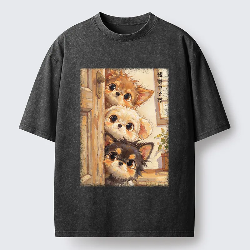 Tokyo-Tiger Puppies Are Peeking At You Washed T-Shirt