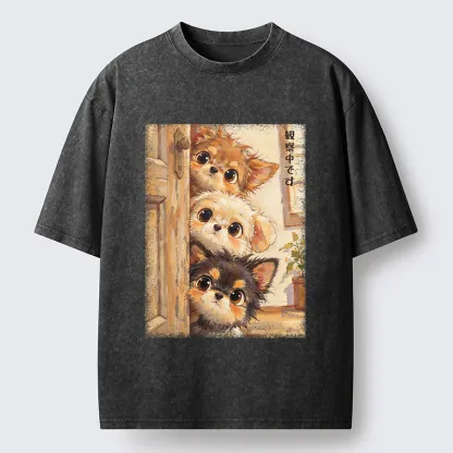 Tokyo-Tiger Puppies Are Peeking At You Washed T-Shirt