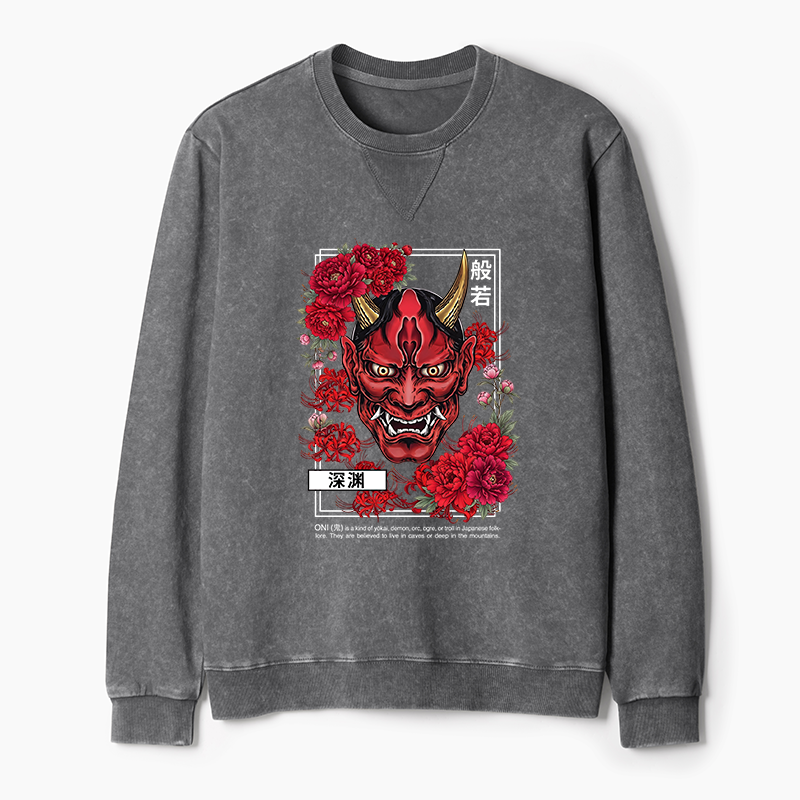 Tokyo-Tiger Cool Oni Floral Art Washed Terry Sweatshirt