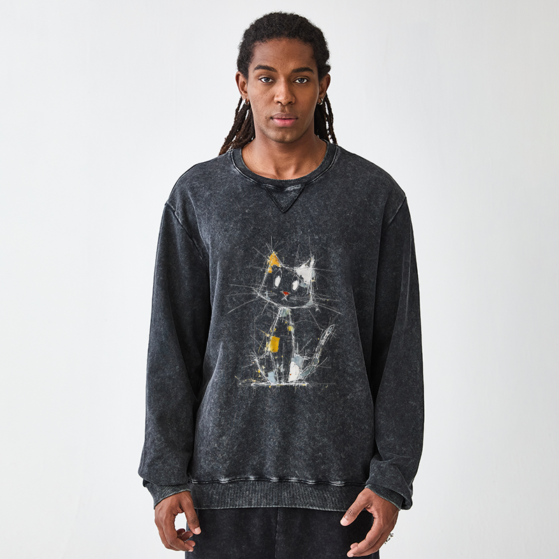 Tokyo-Tiger Minimal Splash Ink Cute Cat Washed Terry Sweatshirt