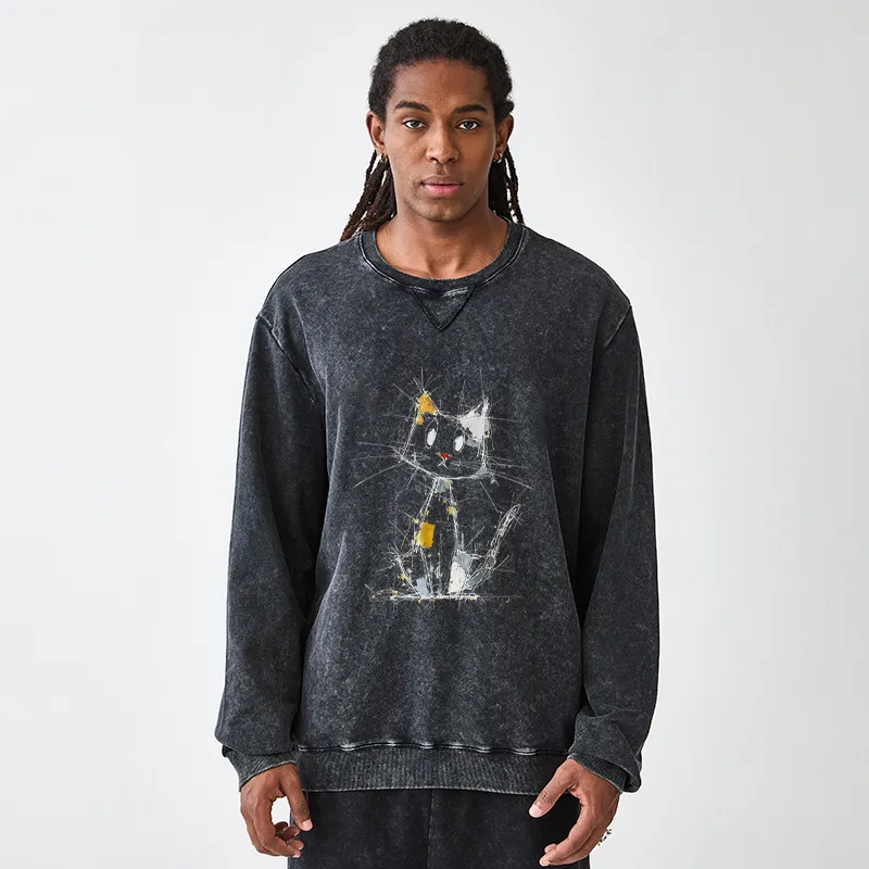 Tokyo-Tiger Minimal Splash Ink Cute Cat Washed Terry Sweatshirt