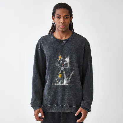 Tokyo-Tiger Minimal Splash Ink Cute Cat Washed Terry Sweatshirt