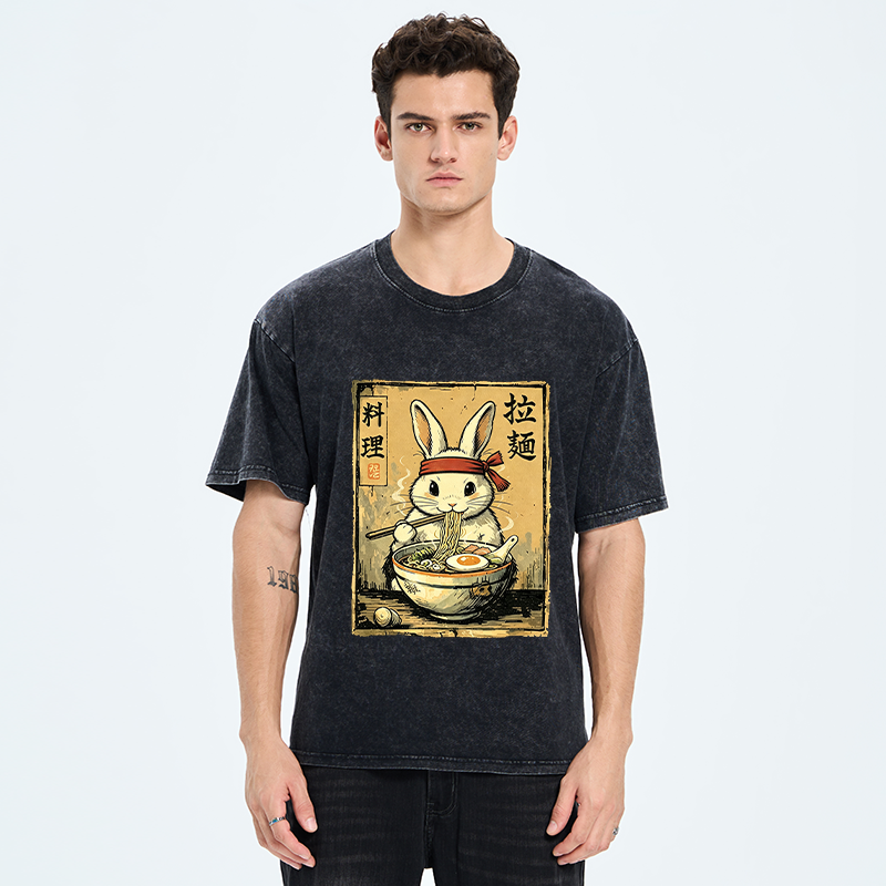 Tokyo-Tiger Cute Rabbit Eating Ramen Washed T-Shirt