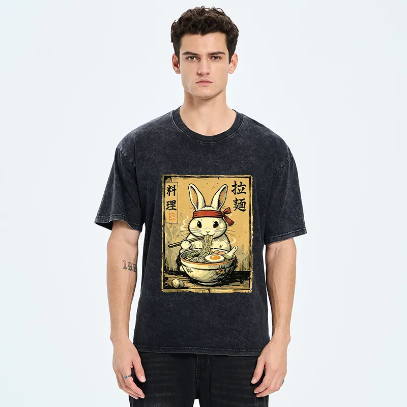 Tokyo-Tiger Cute Rabbit Eating Ramen Washed T-Shirt